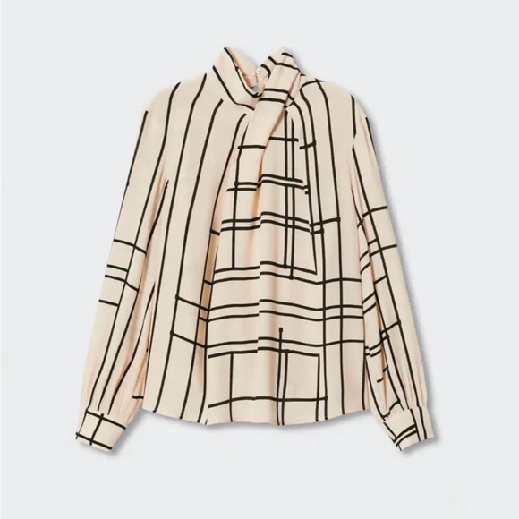 MANGO Ecru Geometric-Print Blouse Sz 8 - Picture 2 of 7